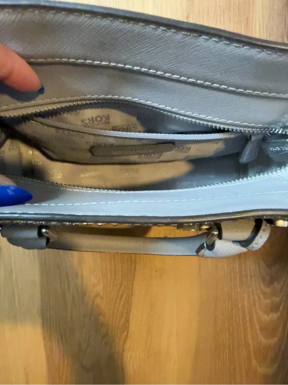 Michael Kors Light Gray Saffiano Satchel with Stud Accents
